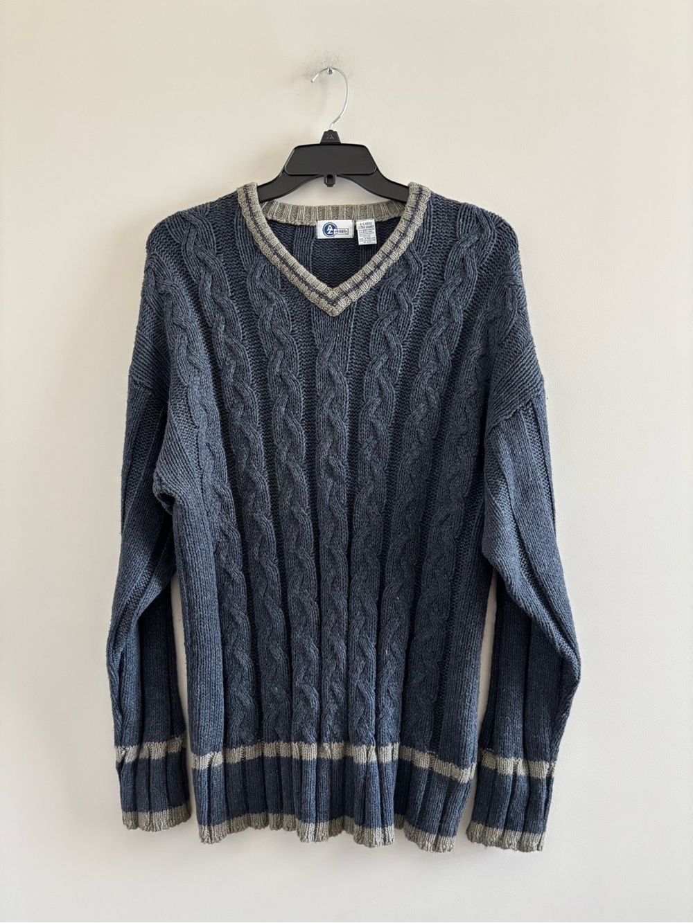 Vintage 90s Arizona Cable Knit Sweater Blue V-Neck Wool Mens XL Preppy Fisherman - Picture 3 of 7